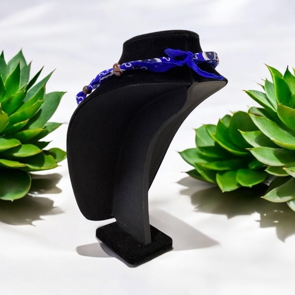 (#129) Elegant Blue Bandana Necklace with Bead Accents - Picture 2 of 4
